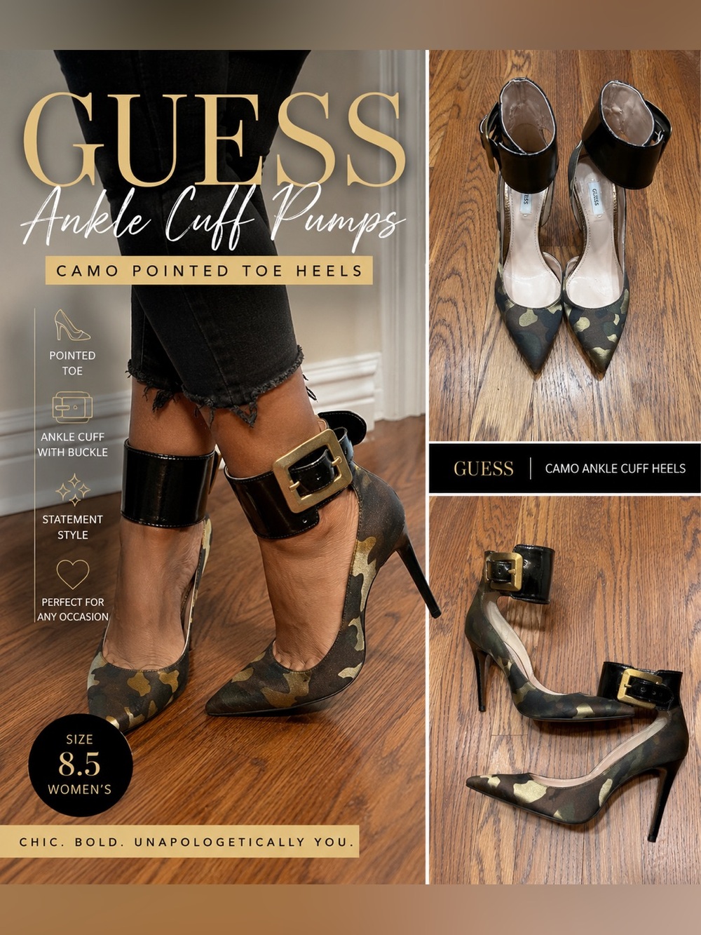 GUESS Camo Pointed Toe Ankle Cuff Stiletto Heels | Women’s Size 8.5